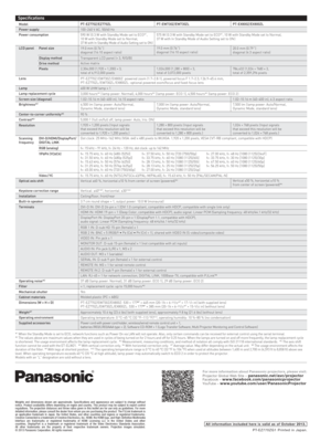 Page 4For more information about Panasonic projectors, please visit :
Projector Global Web Site – panasonic.net/avc/projectorFacebook – www.facebook.com/panasonicprojectorYo uTu b e   –  www.youtube.com/user/PanasonicProjector 
Weights and dimensions shown are approximate. Specifications and appeara\
nce are subject to change without 
notice. Product availability differs depending on region and country. Th\
is product may be subject to export control 
regulations. The projection distances and throw ratios...