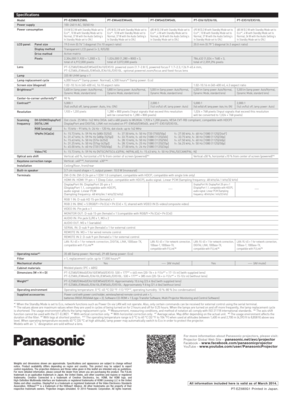 Page 4For more information about Panasonic projectors, please visit :
Projector Global Web Site – panasonic.net/avc/projectorFacebook – www.facebook.com/panasonicprojectorYo uTu b e  –  www.youtube.com/user/PanasonicProjector 
Weights and dimensions shown are approximate. Specifications and appearance are subject to change without 
notice. Product availability differs depending on region and country. This product may be subject to export 
control regulations. The projection distances and throw ratios given in...