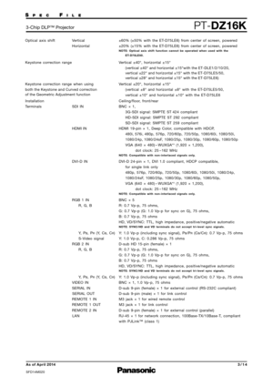 Page 3Optical  axis  shift Vertical
Horizontal
Keystone  cor rection  range
Keystone  cor rection  range when  using 
both the Keystone and Curved correction 
of the Geometric Adjustment function
Installatio n
Te rminals SDI IN 
HDMI IN
DVI-D  IN
RGB  1  IN
R,  G,  B
Y,   P
B, PR(Y,  CB, CR)
S-V ideo  signal
RGB  2  IN
R,  G,  B
Y,   P
B, PR(Y,  CB, CR)
V IDEO  IN ±60%  (±50%  with 
the ET-D75LE6)  from  center  of  screen,  powe red
±20%  (±15%  with  the ET-D75LE6)  from  center  of  screen,  powe red
NOTE:...