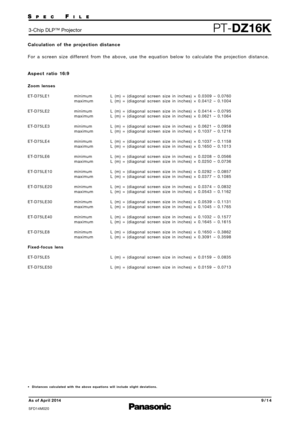 Page 9Calculation  of  the  projection  distance
For  a  sc reen  size  differ ent  from  the  above,  use  the  equation  below  to  calculate  the  projection  distance .
Aspect  ratio  16:9
minimum L  (m)  = (diagonal  sc reen  size  in  inches)  ×  0.0309  –  0.0760
maximum  L (m)  =  (diagonal  sc reen  size  in  inches)  ×  0.0412  –  0.1004
m inimum L  (m)  = (diagonal  sc reen  size  in  inches)  ×  0.0414  –  0.0795
maximum  L (m)  =  (diagonal  sc reen  size  in  inches)  ×  0.0621  –  0.1064
m...