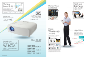 Page 2High ValueCost-Performance 
Ratio and Efficiency
Memory Viewerfor PC-less ProjectionPT-VZ575N / V W535N / VX605NProject Wirelessly Your Way
Work as aGroup
Wireless connection using iOS and Android apps and PC 
sof tware has been streamlined. Select the appropriate 
input, open the app, choose a network ID, select content, 
and star t your presentation.Lamp and filter replacement cycle is greatly 
extended with the usual cost of maintenance 
halved in Normal mode.
Actively Collaborate 
with Your Team...