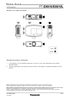 Page 16Operating the projector  continuously
1.  If the  projector  is to  be  operated  continuously  12 hours  or mor e, lamp  replacement  cycle duration
becomes  shorter.
2.  The lamp  replacement  cycle duration  becomes  shorter if the  projector  is operated  repeatedly  for short
periods.
Di
rection  of air  intake  and  exhaust
Intake
Exhaust
We ights  and  dimensions  shown are  appr oximate.  Specifications  and  appearance  are  subject  to change  without  notice.
Pr oduct  availability  differs...