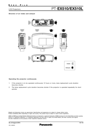 Page 16Operating the projector  continuously
1.  If the  projector  is to  be  operated  continuously  12 hours  or mor e, lamp  replacement  cycle duration
becomes  shorter.
2.  The lamp  replacement  cycle duration  becomes  shorter if the  projector  is operated  repeatedly  for short
periods.
Di
rection  of air  intake  and  exhaust
Intake
Exhaust
We ights  and  dimensions  shown are  appr oximate.  Specifications  and  appearance  are  subject  to change  without  notice.
Pr oduct  availability  differs...