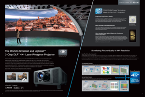 Page 23-Chip DLP™ Projector
PT-RQ13K
More Accurate Color ReproductionThe PT-RQ13K captures a more accurate Rec. 709-compliant color space than comparable 
laser projectors. A blue laser ensures greater precision while an expanded color gamut 
improves white balance accuracy.
SOLID SHINE Laser Technology
Meets 3-Chip DLP
™ Projection
Bright and Vivid Picture QualityCombining 3-Chip DLP™ imaging with Panasonic’s original SOLID SHINE Laser technology, 
the PT-RQ13K achieves lifelike 4K+
 resolution with a high...
