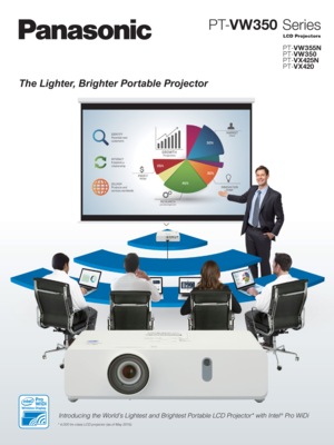 Page 1PT-VW350 Series
LCD Projectors
PT-VW355N
PT-VW350
PT-VX425N
PT-V X 420
Introducing the World’s Lightest and Brightest Portable LCD Projector* with Intel® Pro WiDi
* 4,000 lm-class LCD projector (as of May 2015).
The Lighter, Brighter Portable Projector  