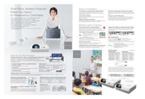 Page 2Wide 80-inch Screen Images with 
a Short Projection Distance of 75 cm*5
Close range projection reduces not only 
the shadows of the presenter but also the 
glare of the projection light, making 
lectures and meetings more comfortable.
Projection distance
Corner Keystone Correction Enables Angled Projection
All you need to do is designate four points as the corners of the 
projected image, and this function easily carries out horizontal and 
vertical keystone correction.
Curved Screen CorrectionBarrel and...