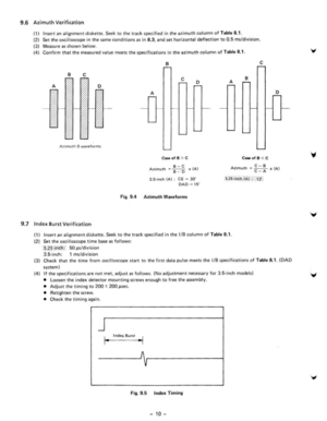 Page 129.6 Azimuth Verification 
(1 ) Insert an alignment diskette.  Seek  to the  trac k specifie d in the azimu th column of Table B.l . 
(2)  Set the 
oscillosco pe in the same  conditions as in B.3,  and set  horizontal deflection to 0 ,5 ms /division. 
(3)  Meas u
re as shown below . 
(4)  Confirm that the measured value meets the specificat ion s in the azimuth  column  of Table  B.l, 
B c 
B C c o A B 
A 0 
A 
:! 
A)!,m u(h  0  wave form$ 
CaseofB> C C_ofB( (AI C- B Azimurh ,. ---x (AI C- A 
9.7 Index...