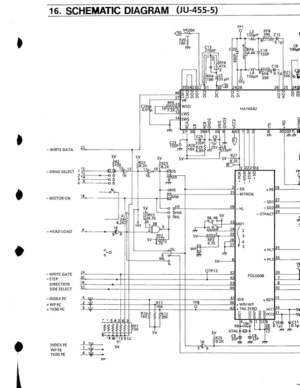 Page 24• 
• 
• 
• 
16. SCHEMATIC  DIAGRAM (JU-455-5) 
-WIRTEDATA 
-DRIVE SELECT 
-MOTOR ON 
-HEAD LOAD 
-WRITE GATE -STEP 
DIRECTION SIDE SELECT 
-INDEX PC 
+WPPC + TKOO PC 
INDEX PE 
WPPE TKOO PE 
3 W 
R2~1 10KJr 
HA16642 
t-:.';..~t:======= ~I: OS ------e~-+-+--~+_~ MTRON 
, 
• Hl!-L----
• H12I;JL _ _ 
FQLDaoe 
5.  