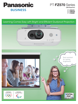 Page 1LCD Projectors
PT-FZ570 Series
PT-FZ570
PT-FW530
PT-FX500
Learning Comes Easy with Bright and Efﬁcient Dustproof Projection
Dust-resistant 
for lasting 
brightness! 