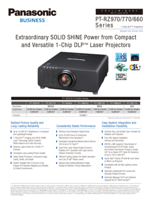 Page 1PT-RZ970/770/660 Series 
Resolution
Brightness
Contrast PT-RZ970
WUXGA
10,000 lm (Center) 9,400 lm*
PT-RZ770
7,200 lm (Center)7,000 lm*
PT-RZ660
6,200 lm (Center)6,000 lm*
PT-RW930
10,000 lm (Center) 9,400 lm*
10,000:1 PT-RW730
WXGA
7,200 lm (Center) 7,000 lm*
PT-RW620
6,200 lm (Center)6,000 lm*
PT-RX110
XGA
10,400 lm (Center)10,000 lm*
PRELIMINARYAs of June 2016
PT-R Z970/770/660
Seri es
Extraordinary SOLID SHINE Power from Compact
and Versatile 1-Chip DLP
™ Laser Projectors
Consistently Stable...