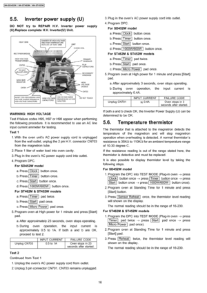 Page 165.5. Inverter power supply (U)
DO NOT try to REPAIR H.V. Inverter power supply
(U).Replace complete H.V. Inverter(U) Unit.
WARNING: HIGH VOLTAGE
Test if failure codes H95, H97 or H98 appear when performing
the following procedure. It is recommended to use an AC line
input current ammeter for testing.
Test 1
 1. With the oven unit’s AC power supply cord is unplugged
from the wall outlet, unplug the 2 pin H.V. connector CN703
from the magnetron tube.
 2. Place 1 liter of water load into oven cavity.
 3....