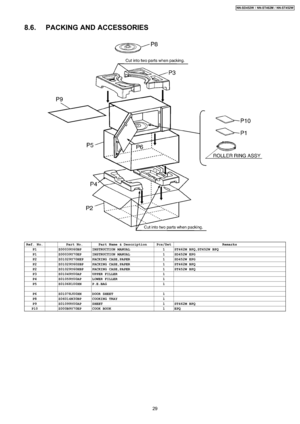 Page 298.6. PACKING AND ACCESSORIES
Ref. No.Part No.Part Name & DescriptionPcs/SetRemarksP1Z00039Y60BPINSTRUCTION MANUAL1ST462M BPQ,ST452W BPQP1Z00039Y70EPINSTRUCTION MANUAL1SD452W EPGP2Z01029Y70HEPPACKING CASE,PAPER1SD452W EPGP2Z01029Y60SBPPACKING CASE,PAPER1ST462M BPQP2Z01029Y60HBPPACKING CASE,PAPER1ST452W BPQP3Z01049Y00APUPPER FILLER1P4Z01059Y00APLOWER FILLER1P5Z01068100XNP.E.BAG1
P6Z01078J00XNDOOR SHEET1P8Z06014N30BPCOOKING TRAY1P9Z01099Y00APSHEET1ST462M BPQP10Z000B9Y70EPCOOK BOOK1EPQ
29
NN-SD452W /...