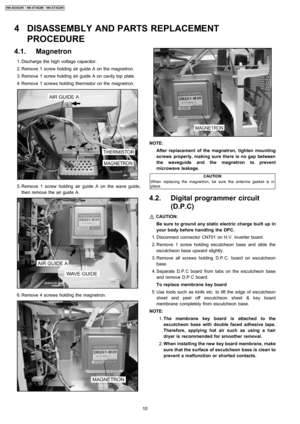 Page 104.1. Magnetron
 1. Discharge the high voltage capacitor.
 2. Remove 1 screw holding air guide A on the magnetron.
 3. Remove 1 screw holding air guide A on cavity top plate.
 4. Remove 1 screws holding thermistor on the magnetron.
 5. Remove 1 screw holding air guide A on the wave guide,
then remove the air guide A.
 6. Remove 4 screws holding the magnetron.
NOTE:
After replacement of the magnetron, tighten mounting
screws properly, making sure there is no gap between
the waveguide and the magnetron to...