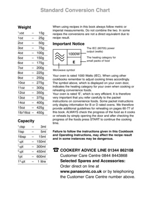 Page 2Standard Conversion Chart
Weight
1
/
2oz – 15g
1oz – 25g
2oz – 50g
3oz – 75g
4oz – 100g
5oz – 150g
6oz – 175g
7oz – 200g
8oz – 225g
9oz – 250g
10oz – 275g
11oz – 300g
12oz – 350g
13oz – 375g
14oz – 400g
15oz – 425g
1lb/16oz – 450g
Capacity
1
/
2tsp – 3ml
1tsp – 5ml
1tbsp – 15ml
1
/
4pt – 150ml
1
/
2pt – 300ml
3
/
4pt – 450ml
1pt – 600ml
13
/
4pt – 1 litre
When using recipes in this book always follow metric or
imperial measurements. Do not combine the two. In some
recipes the conversions are not a direct...