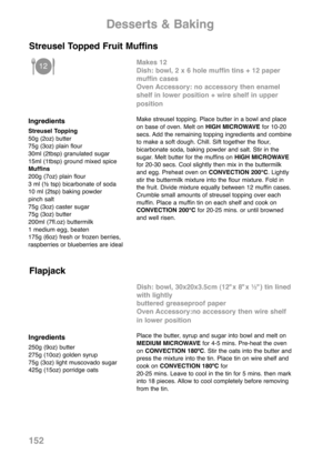 Page 154152
Ingredients
Streusel Topping
50g (2oz) butter
75g (3oz) plain flour
30ml (2tbsp) granulated sugar
15ml (1tbsp) ground mixed spice
Muffins
200g (7oz) plain flour
3 ml (½ tsp) bicarbonate of soda
10 ml (2tsp) baking powder
pinch salt
75g (3oz) caster sugar
75g (3oz) butter
200ml (7fl.oz) buttermilk
1 medium egg, beaten
175g (6oz) fresh or frozen berries,
raspberries or blueberries are ideal
Makes 12
Dish: bowl, 2 x 6 hole muffin tins + 12 paper
muffin cases
Oven Accessory: no accessory then enamel...