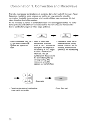 Page 3836
Combination 1. Convection and Microwave
This is the most popular combination mode combining Convection heat with Microwave Power.
Casseroles, meat joints, jacket potatoes and pastries are very successful using this
combination. Unsuitable foods are those which contain whisked eggs, meringues, rich fruit
cakes, biscuits and yorkshire puddings.
It is not necessary to preheat on combination except when cooking pastry dishes. For pastry
dishes preheat oven to 210°C on Convection so that the oven is hot,...