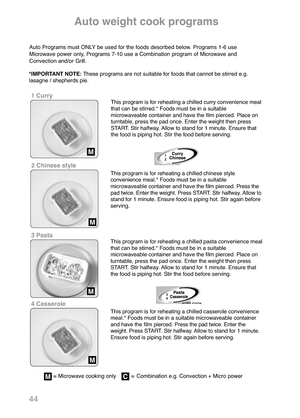 Page 4644
1 Curry
3 Pasta
4 Casserole
Auto Programs must ONLY be used for the foods described below. Programs 1-6 use
Microwave power only, Programs 7-10 use a Combination program of Microwave and
Convection and/or Grill.  
M
M
*IMPORTANT NOTE:These programs are not suitable for foods that cannot be stirred e.g.
lasagne / shepherds pie.
M
CM= Microwave cooking only = Combination e.g. Convection + Micro power
2 Chinese style
M
This program is for reheating a chilled curry convenience meal
that can be stirred.*...