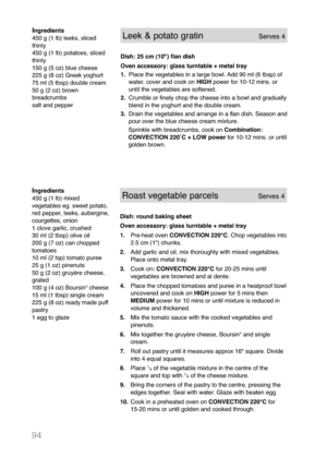 Page 9694
Ingredients
450 g (1 lb) mixed
vegetables eg. sweet potato,
red pepper, leeks, aubergine,
courgettes, onion
1 clove garlic, crushed
30 ml (2 tbsp) olive oil
200 g (7 oz) can chopped
tomatoes
10 ml (2 tsp) tomato puree
25 g (1 oz) pinenuts
50 g (2 oz) gruyère cheese,
grated
100 g (4 oz) Boursin
®cheese
15 ml (1 tbsp) single cream
225 g (8 oz) ready made puff
pastry
1 egg to glaze
Roast vegetable parcelsServes 4
Dish: round baking sheet
Oven accessory: glass turntable + metal tray
1.Pre-heat oven...