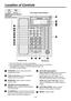 Page 8Location of Controls
* * 
* 	KX-TCA91 and KX-TCA92.
1
2
3
4
6
7
8
9
10
5
Headset Jack
LCD (Liquid Crystal Display)RINGER Volume Selector/BACKLIGHT Illumination Selector
13
14
18
16
15
17
1112
Microphone
1PROGRAM: Used to enter and exit the programming mode.
4FWD/DND (Call Forwarding/Do Not 
Disturb): 
2CONF (Conference): Used to establish amultiple party conversation.
3INTERCOM: Used to make or receive intercom calls.
6AUTO ANS (Auto Answer) (Other than KX-T7750): Used to receive an incoming call in the...