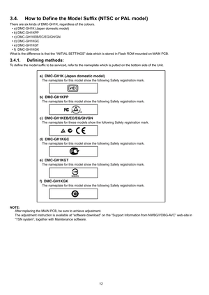 Page 12
12
3.4. How to Define the Model Suffix (NTSC or PAL model)
There are six kinds of DMC-GH1K, regardless of the colours.
• a) DMC-GH1K (Japan domestic model)
• b) DMC-GH1KPP
• c) DMC-GH1KEB/EC/EG/GH/GN
• d) DMC-GH1KGC
• e) DMC-GH1KGT
• f)  DMC-GH1KGK
What is the difference is that the  “INITIAL SETTINGS” data which is stor ed in Flash ROM mounted on MAIN PCB.
3.4.1. Defining methods:
To define the model suffix to be serviced, refer to the  nameplate which is putted on the bottom side of the Unit.
NOTE:...