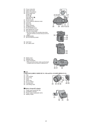 Page 17
17
23 Focus mode dial
24 Flash open lever
25 Stereo microphone
26 Drive mode lever Single:
Burst:
Auto Bracket:
Self-timer:
27 Shutter button
28 Focus distance reference mark
29 Hot shoe
30 Mode dial
31 Status indicator
32 [Q.MENU] button
33 [FILM MODE] button
34 [MIC/REMOTE] socket
35 Shoulder strap eyelet
s Be sure to attach the shoulder strap when
using the camera to ensure that you will not
drop it.
36 [HDMI] socket37 [AV OUT/DIGITAL] socket
38 Card door
39 DC cable cover
28 29 24
23
25 26
27
33...