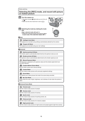 Page 18
18
Mode switching
BasicSelecting the [REC] mode, and record still pictureor motion picture
Turn the camera on.
s The status indicator lights when you turn this unit
on .
s Make sure the drive mode lever is set to [ ].
Switching the mode by rotating the mode
dial.
Align a desired mode with part .sRotate the mode dial slowly and surely to adjust
to each mode. (The mode dial rotates 360 Q)
Basic
Intelligent Auto Mode
The subjects are recorded using settings automatically selected by the camera.
Program...