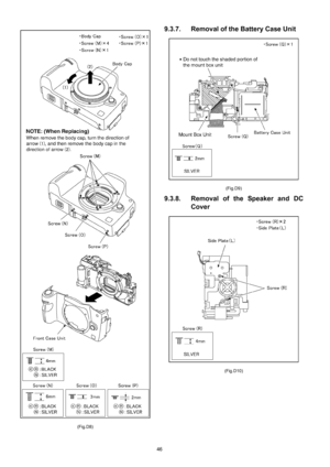 Page 46
46
(Fig.D8)
9.3.7. Removal of the Battery Case Unit
(Fig.D9)
9.3.8. Removal of the Speaker and DC
Cover
(Fig.D10) 