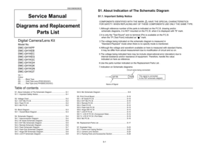 Page 62
Tableofcontents
ServiceManual
DSC0905029CE
DiagramsandReplacement
PartsList
Vol.1
(K)...........BlackType
Colour
(N)...........GoldType(onlyPP/EC/EG/GC)
(R)...........RedType(onlyPP/EB/EC/EG/GC)
ModelNo.
DMC-GH1KPP
DMC-GH1KEB
DMC-GH1KEC
DMC-GH1KEG
DMC-GH1KGC
DMC-GH1KGH
DMC-GH1KGK
DMC-GH1KGN
DMC-GH1KGT
DigitalCamera/LensKit
NameofSignal
OFTRFEPThissignalisconnected
totheFEPschematicdiagram.
Circuitnamebeingconnected.
6.UsethepartsnumberindicatedontheReplacementPartsList.
7.IndicationonSchematicdiagrams:...