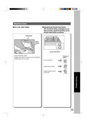 Page 3333
Problem Solving
Machine Care
■As a rule, clean weekly.■Adjusting the Double Feed Switch
(For DA-AS181) When original(s) do not
feed correctly, adjust the position of the
Double Feed Switch as follows:
Platen Sheet
Platen
(Glass)
Platen Glass/Platen Sheet
 Wipe marks off with a cloth and a neutral detergent.
 Wipe again with a dry cloth.
Position of
Switch
Normal Operation
Original does not feed.
Several originals are fed
at one time
Double Feed Switch
Downloaded From ManualsPrinter.com Manuals 