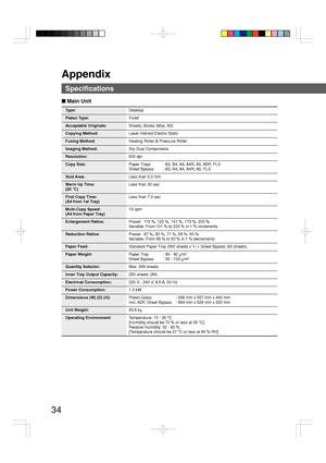 Page 34Appendix
34
Type:Desktop
Platen Type:Fixed
Acceptable Originals:Sheets, Books (Max. A3)
Copying Method:Laser Indirect Electro Static
Fusing Method:Heating Roller & Pressure Roller
Imaging Method:Dry Dual Components
Resolution:600 dpi
Copy Size:Paper Trays : A3, B4, A4, A4R, A5, A5R, FLS
Sheet Bypass : A3, B4, A4, A4R, A5, FLS
Void Area:Less than 5.0 mm
Warm Up Time:Less than 30 sec
(20 °C)
First Copy Time:Less than 7.0 sec
(A4 from 1st Tray)
Multi-Copy Speed:15 cpm
(A4 from Paper Tray)
Enlargement...