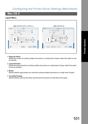 Page 101Configuring the Printer Driver Settings (Macintosh)
101
Mac OS X
Printer Section
Layout Menu
1.Page s pe r She et
Specify the number for printing multiple documents on a single sheet of paper. Select this option to view 
an example.
2.Layout Direction
Specify the layout direction for printing multiple documents on a single sheet of paper. Select this option 
to view an example.
3.Borde r
Specify whether page borders are used when printing multiple documents on a single sheet of paper.
4.Two Sided...