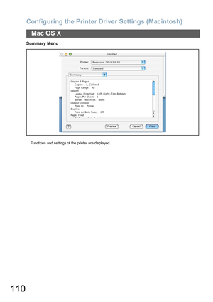 Page 110Configuring the Printer Driver Settings (Macintosh)
110
Mac OS X
Summary Menu
Functions and settings of the printer are displayed.
Downloaded From ManualsPrinter.com Manuals 