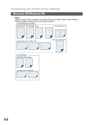 Page 64Configuring the Printer Driver Settings
64
Windows 98/Windows Me
•Staple
Select the staple position. Available if the  option al Finisher (DA-FS300, FS330, FS355, FS600 or 
FS6 05) is installed. Available for up to 30  sheets (Letter/A4).
Portrait (Top Left / Left / Top Right / Right)
Landscape (Top Left / Top Right / Top)Portrait (Saddle Stitch)
Landscape (Saddle Stitch)
For DA-FS330, 355, 600 or 605
For DA-FS300
Portrait (Top Left /Top Right)
Landscapet (Top Left /Top Right)
Downloaded From...