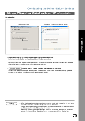 Page 79Configuring the Printer Driver Settings
79
Windows 2000/Windows XP/Windows Server 2003 (Administrator)
Printer Section
Sharing Tab
1.Not shared/Shared as (Do not share this printer/Share this printer)
Select whether to display or share this printer with other computers.
For sha ring a  printer, specify the share n ame of a printer to be  shared. A name specifie d here appears 
when other users view the printer information on a network.
2. button (The PS Printer Driver is not available in this menu.)...