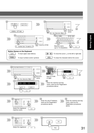 Page 31
31
Making Copies
Scroll to 07/09
To  input upper case letter(s).
To  input numbers and/or symbols. To
 move the cursor (_) to the left or right side.
To  erase the character before the cursor.
Machine name
(up to 15 characters) Scroll to
02/02
Button Names on the Keyboard
Input ID Code
(4-digit)Scroll to
04/04
Enter the machine and key
name, same as the Registration
procedures above.
Select the registered
machine name
Enter the new IP Address,
same as the Registration
procedures above.Enter the machine...