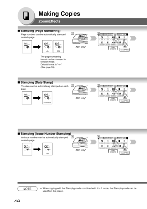 Page 46
46
Making Copies
Zoom/Effects
■ Stamping (Page Numbering)
Page numbers can be automatically stamped
on each page.
1/8-1-
ADF only ∗
■
 Stamping (Date Stamp)
The date can be automatically stamped on each
page.
ADF only ∗
■
 Stamping (Issue Number Stamping)
An issue number can be automatically stamped
on each page.
ADF only ∗
01/05/2003
001
NOTE∗When copying with the Stamping mode combined with N in 1 mode, the Stamp\
ing mode can be
used from the platen.
The page numbering
format can be changed in...