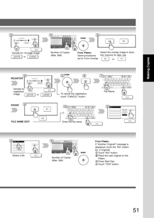 Page 51
51
Making Copies
Density for 1st page imageNumber of Copies
(Max. 999)
or
Select the overlay image to store
into memory for later use.or
Density for
registered
image
REGISTER
or
File Name
ERASE
FILE NAME EDIT
Enter the file name
Select a fileNumber of Copies
(Max. 999)
From Platen:
If “Another Original? message is
displayed, touch the “NO” button.
Ex: 2 originals
To uch NO button.
Place the next original on the
Platen.
3Press Start Key.
4Touch YES button.
To
 cancel the registration,
touch CANCEL...