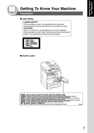 Page 7
7
Getting To KnowYour Machine
Getting To Know Your Machine
Precautions
■  Laser Safety
■  Caution Label
LASER SAFETY
This unit employs a laser. Only qualified service personnel
should attempt to service this device due to possible eye injury.
CAUTION:
USE OF CONTROLS, ADJUSTMENTS OR PERFORMANCE
PROCEDURES OTHER THAN THOSE SPECIFIED HEREIN MAY
RESULT IN HAZARDOUS RADIATION EXPOSURE.
Downloaded From ManualsPrinter.com Manuals 