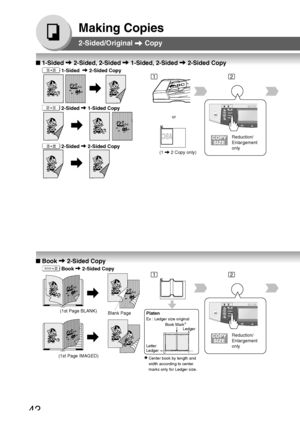 Page 4242
Making Copies
2-Sided/Original  Copy
■ 1-Sided  2-Sided, 2-Sided  1-Sided, 2-Sided  2-Sided Copy
   1-Sided   2-Sided Copy
   2-Sided 
 1-Sided Copy
   2-Sided 
 2-Sided Copy
or
Reduction/
Enlargement
only
■ Book  2-Sided Copy
   Book  2-Sided Copy
Reduction/
Enlargement
only (1st Page BLANK)
(1st Page IMAGED)
Platen
Ex : Ledger size original
Letter
LedgerLedger
(1  2 Copy only)
12
12
Blank Page
Book Mark∗
∗ ∗∗ ∗
∗Center book by length and
width according to center
marks only for Ledger size....