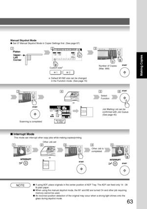 Page 6363
Making Copies
Scanning is completed
or
Select
Function
Job Waiting List can be
confirmed with Job Queue.
(See page 40)
■ Interrupt Mode
This mode can interrupt other copy jobs while making copies/printing.
or
Other Job set
Other Job is
completed
Number of Copies
(Max. 999)
∗Default M1/M2 size can be changed
in the Function mode. (See page 74)
Manual Skyshot Mode
●Set 07 Manual Skyshot Mode in Copier Settings first. (See page 67)
Platen
Upper-
Left
Corner
Custom size∗
NOTE●If using ADF, place originals...