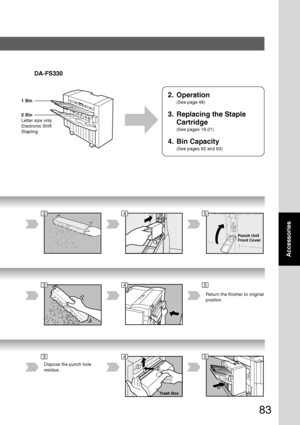 Page 8383
Accessories
Trash Box
DA-FS330
1 Bin
2 Bin
Letter size only
Electronic Shift
Stapling
2. Operation
(See page 48)
3. Replacing the Staple
Cartridge
(See pages 18-21)
4. Bin Capacity
(See pages 92 and 93)
453
453
453
Punch Unit
Front Cover
Return the finisher to original
position.
Dispose the punch hole
residue.
Downloaded From ManualsPrinter.com Manuals 