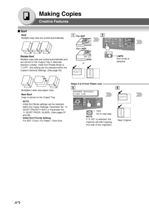 Page 4242
Making Copies
■ Sort
Sort
Multiple copy sets are sorted automatically.
2
Lights
Sort mode is
selected.
5
ANOTHER ORIGINAL?
1:YES 2:NO
1: YES
Go to next step
12
312
312
3
NOTE
Initial Sort Mode settings can be selected
within the Copier Settings, Parameter No. 10
(SORT PRIORITY ADF) or Parameter No.
11  (SORT PRIOR. GLASS). (See pages 57
and 58)
Initial Sort Priority Setting:
For ADF: 2:Sort; For Platen: 1:Non-Sort
6
Non-Sort
Copy is stored on the Output Tray.
1
or
For ADF
For i-ADF
Steps 5 to 8 from...