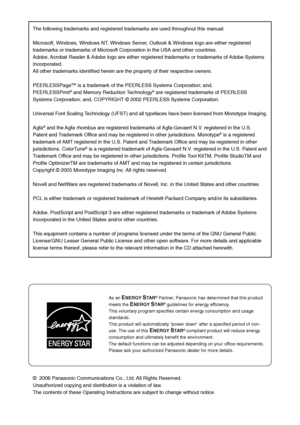 Page 87©  2006 Panasonic Communications Co., Ltd. All Rights Reserved.
Unauthorized copying and distribution is a violation of law.
The contents of these Operating Instructions are subject to change witho\
ut notice. The following trademarks and registered trademarks are used throughout t\
his manual:
Microsoft, Windows, Windows NT, Windows Server, Outlook & Windows logo are either registered
trademarks or trademarks of Microsoft Corporation in the USA and other c\
ountries.
Adobe, Acrobat Reader & Adobe logo...