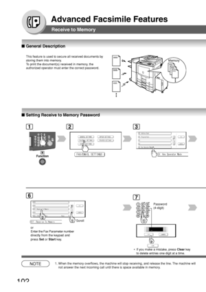 Page 102102
Advanced Facsimile Features
Receive to Memory
■ General Description
■ Setting Receive to Memory Password
23
6
Scroll
NOTE1. When the memory overflows, the machine will stop receiving, and release \
the line. The machine will
not answer the next incoming call until there is space available in memo\
ry.
This feature is used to secure all received documents by
storing them into memory.
To
 print the document(s) received in memory, the
authorized operator must enter the correct password.
aaa
bbb
ccc...