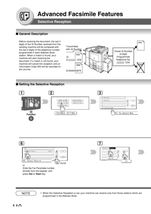 Page 110110
Advanced Facsimile Features
Selective Reception
■ General Description
■ Setting the Selective Reception
NOTE1. When the Selective Reception is set, your machine can receive only from \
those stations which are
programmed in the Address Book.
Before receiving the document, the last 4
digits of the ID Number received from the
sending machine will be compared with
the last 4 digits of the telephone number
programmed in each Address Book
station. When a match is found, your
machine will start receiving...