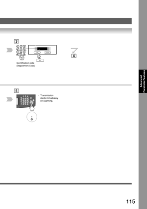 Page 115115
Advanced
Facsimile Features
3
Identification code
(Department Code)
_
5
 • Transmission
starts immediately
on scanning.
4
Downloaded From ManualsPrinter.com Manuals 