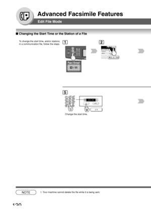 Page 120120
Advanced Facsimile Features
Edit File Mode
■ Changing the Start Time or the Station of a File
To  change the start time, and/or stations
in a communication file, follow the steps.1
BERLIN
ANTARTICA
2
5
Change the start time.
20:30
NOTE1. Your machine cannot delete the file while it is being sent.
Downloaded From ManualsPrinter.com Manuals 
