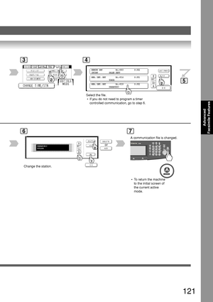 Page 121121
Advanced
Facsimile Features
MEM. DEF. XMT         No.=014          P.001
                TOKYO
MEM. DEF. XMT         No.=018          P.002
                PANASONIC MEMORY XMT            No.=003          P.002
INCOMP          SALES DEPT
4
Select the file.
 • If you do not need to program a timer
controlled communication, go to step 6.
PANASONIC
5551234
6
Change the station. or
7
3
 • To return the machine
to the initial screen of
the current active
mode.
5
A communication file is changed.
Downloaded...