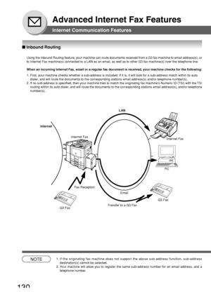 Page 130130
Advanced Internet Fax Features
Internet Communication Features
Using the Inbound Routing feature, your machine can route documents rece\
ived from a G3 fax machine to email address(s), or
to Internet Fax machine(s) connected to a LAN as an email, as well as \
to other G3 fax machine(s) over the telephone line.
When an incoming Internet Fax, email or a regular fax document is receiv\
ed, your machine checks for the following:
1. First, your machine checks whether a sub-address is included. If it is, \...