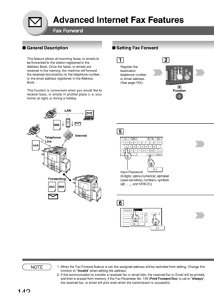 Page 142142
Advanced Internet Fax Features
Fax Forward
■ Setting Fax Forward
2
■ General Description
Register the
destination
telephone number
or email address.
(See page 164)
1
8
NOTE1. When the Fax Forward feature is set, the assigned address will be restri\
cted from editing. Change this
function to  Invalid when editing the address.
2. If the communication to transfer a received fax or email fails, the rece\
ived fax or Email will be printed, and then is erased from memory. If the Fax Parameter No. 156 (...